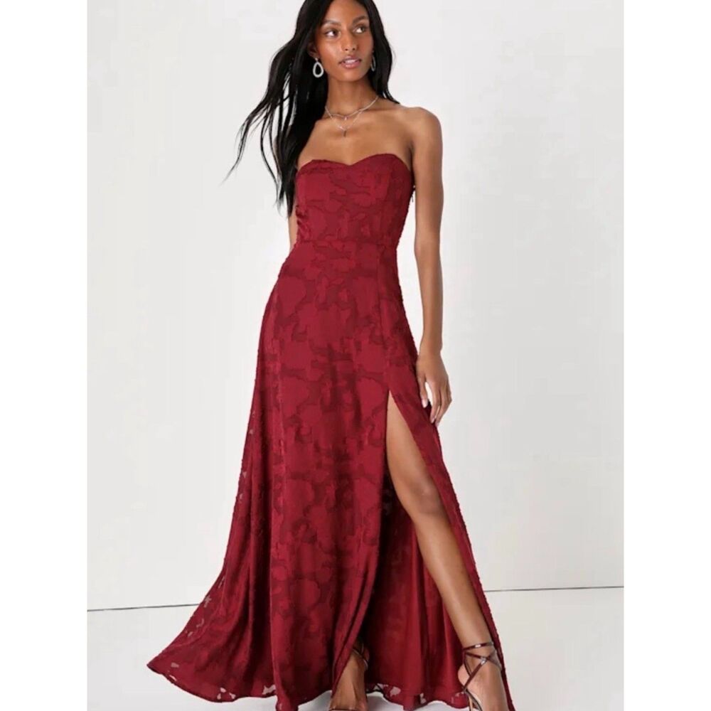 Lulu's Strapless Burgundy Maxi Dress with Side Slit